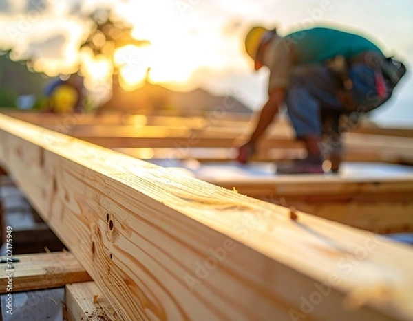 Fototapeta Construction worker framing a building structure against a sunset light
