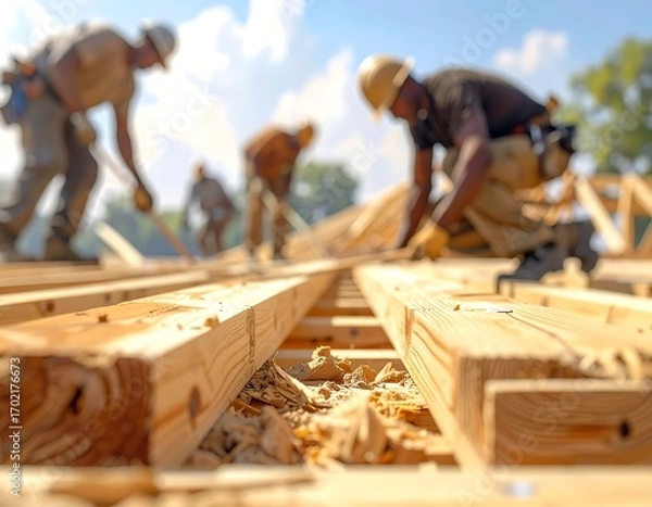 Fototapeta Construction workers erecting a new timber framework, working at height