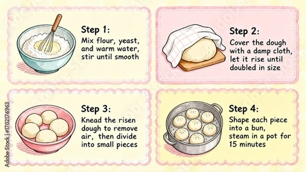 Fototapeta Step - by - Step Guide to Making Buns, Perfect for Baking Enthusiasts and Home Cooks