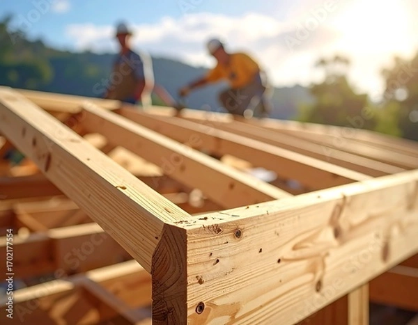 Fototapeta Construction workers installing a new roof frame with wooden beams structure