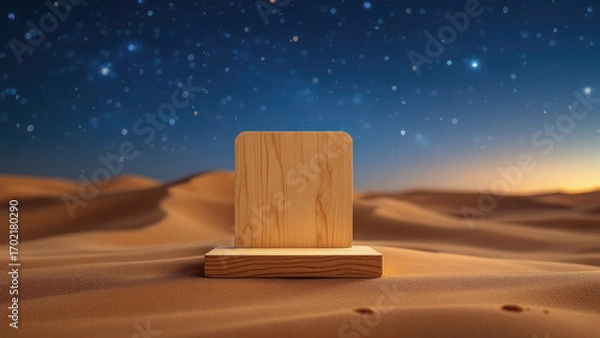 Fototapeta A simple wooden stand stands upright against a captivating night desert landscape, featuring softly undulating sand dunes The stand is made of light-colored wood with a natural finish, showcasing its 