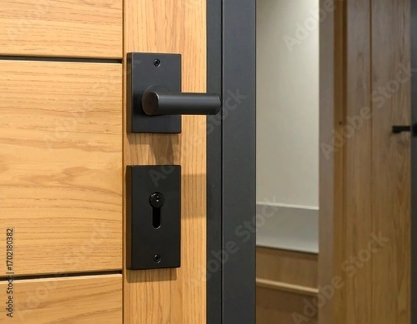 Fototapeta Contemporary entrance with a sleek handle and security lock on a wooden door