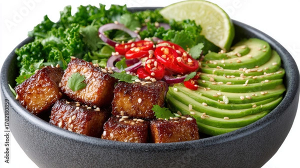 Fototapeta Delicious bowl of healthy ingredients with avocado and salad.