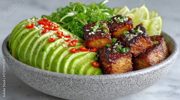 Fototapeta Delicious bowl of avocado, greens, and crispy bites garnished with chili.