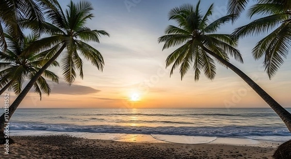 Fototapeta Tropical Beach at Sunset Palm Trees Ocean