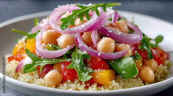 Fototapeta Fresh quinoa salad topped with vegetables and herbs.