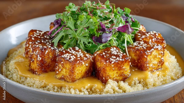 Fototapeta Delicious dish featuring textured cubes on quinoa with greens.