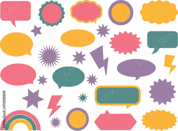 Obraz Colorful speech bubbles and stars on white background trendy design elements vector illustration for graphic projects marketing materials and presentations