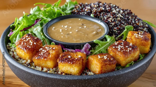 Fototapeta Fresh salad bowl with crispy toppings and a flavorful dressing.