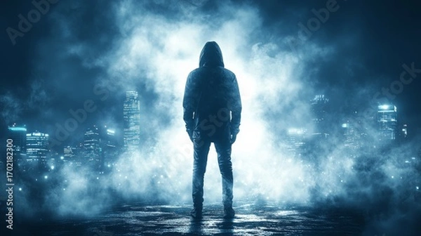 Obraz A lone figure stands on a rooftop at night surrounded by glowing skyscrapers