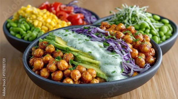 Fototapeta Healthy bowl of colorful vegetables and grains on a wooden table.