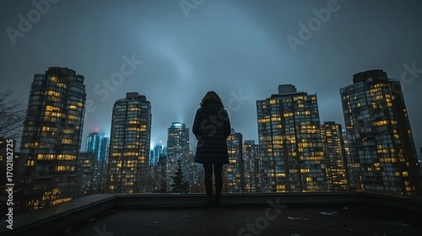 Obraz A lone figure stands on a rooftop at night surrounded by glowing skyscrapers