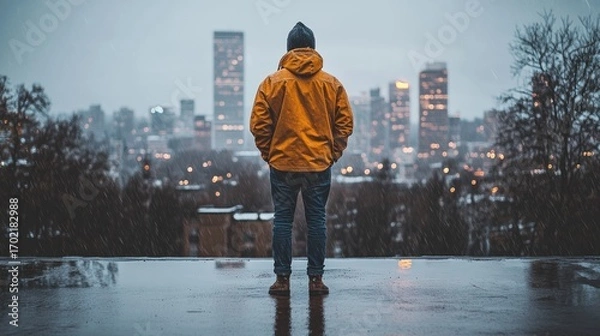 Obraz A lone figure stands on a rooftop at night surrounded by glowing skyscrapers