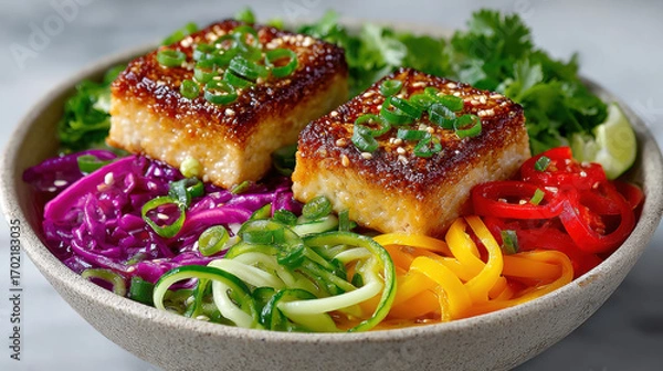 Fototapeta A vibrant bowl of colorful vegetables and crispy tofu.