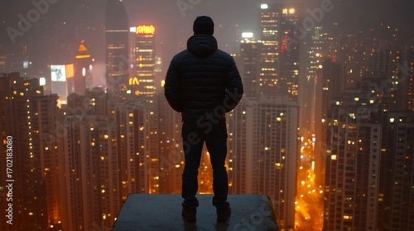 Obraz A lone figure stands on a rooftop at night surrounded by glowing skyscrapers