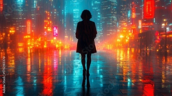 Obraz A lone figure stands on a rooftop at night surrounded by glowing skyscrapers