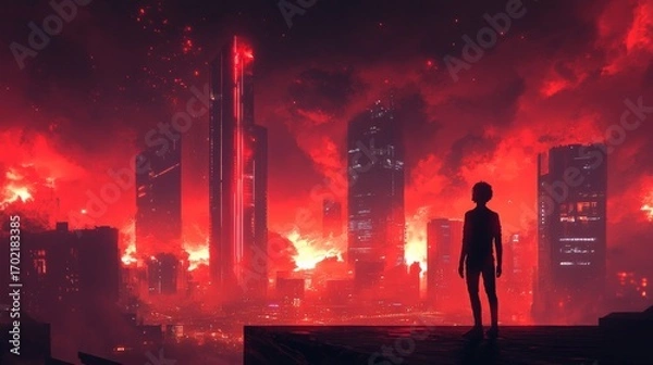 Obraz A lone figure stands on a rooftop at night surrounded by glowing skyscrapers