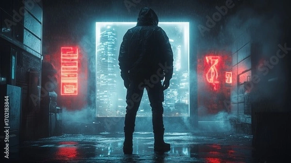 Obraz A lone figure stands on a rooftop at night surrounded by glowing skyscrapers