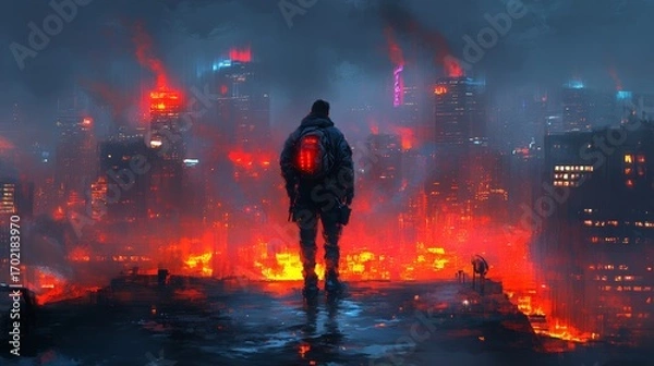 Obraz A lone figure stands on a rooftop at night surrounded by glowing skyscrapers