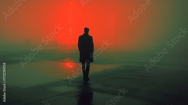 Obraz A lone figure stands on a rooftop at night surrounded by glowing skyscrapers