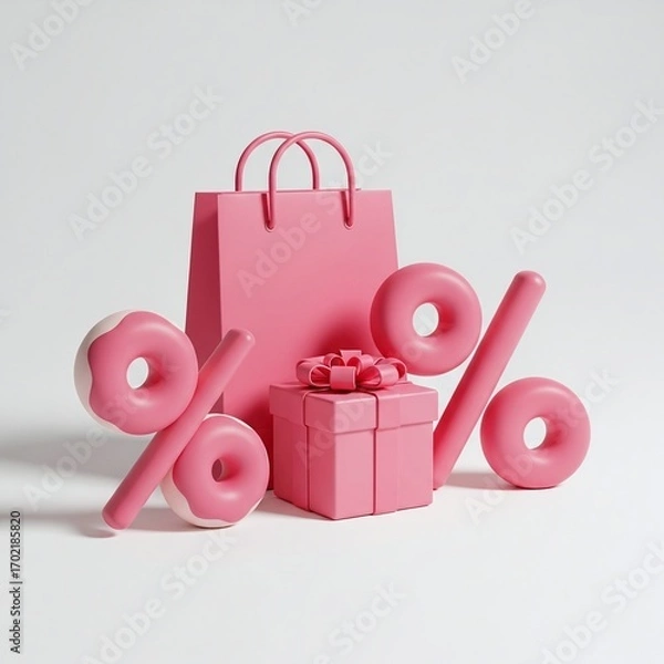 Obraz Pink shopping bag, gift box, and percentage signs isolated on white background, representing sales, discounts, and promotional offers in a visually appealing design