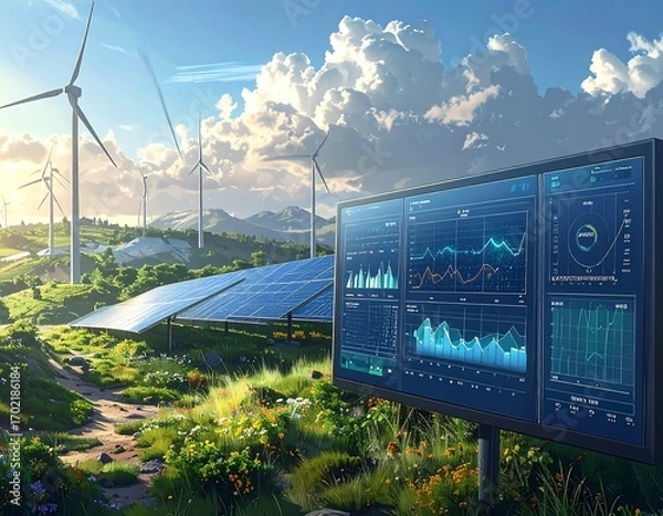 Fototapeta Data Analysis of Renewable Energy Resources in a Green Landscape Setting