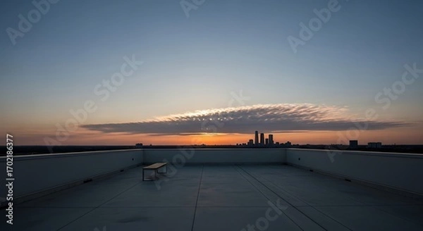 Fototapeta Rooftop View with Bench at Sunset