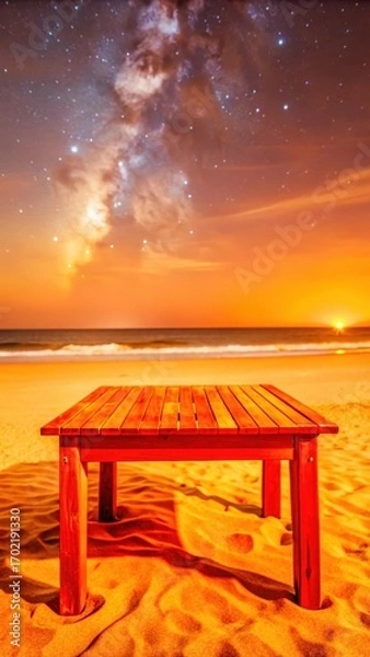 Fototapeta Seaside table with wooden surface sits alone on a beach at night under stars