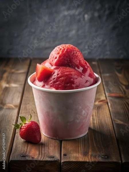 Fototapeta Strawberry sorbet in paper cup with jam topping on rustic wooden table