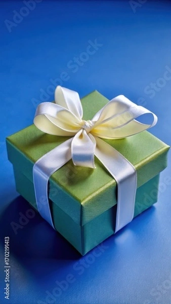 Fototapeta Delicate turquoise gift box adorned with a soft white ribbon bow in elegant curved shape