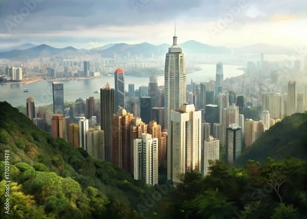 Fototapeta View of Hong Kong Victoria Peak with a stunning cityscape below featuring skyscrapers and streets