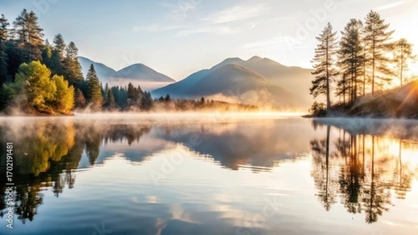 Fototapeta Serene mountain lake at dawn with misty mountains in background and trees reflected on water