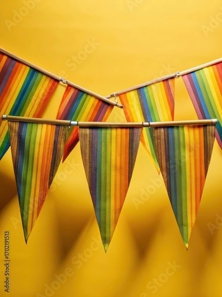 Fototapeta Colorful retro-inspired festival flags with geometric shapes and vibrant rainbow hues
