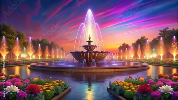 Fototapeta A stunning display of colorful lights and flowers in a beautiful public fountain during sunset hours
