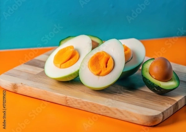 Fototapeta Sliced boiled eggs and sliced avocado on a rustic wooden planked surface in a modern kitchen setting