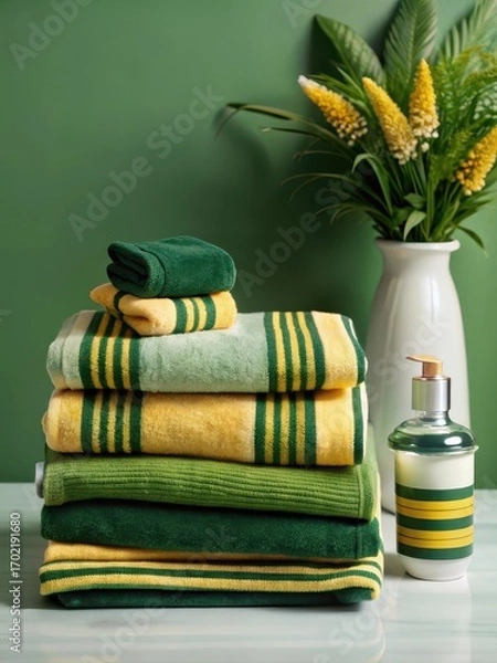 Fototapeta Colorful bath towels stacked neatly on a bathroom counter