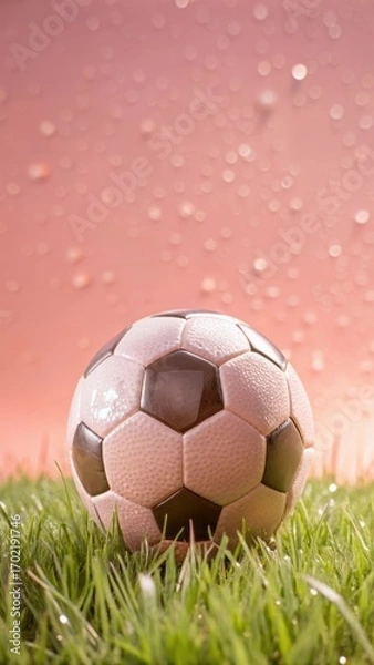 Fototapeta Close-up shot of a soccer ball sitting on lush green grass with slight dew drops on its surface