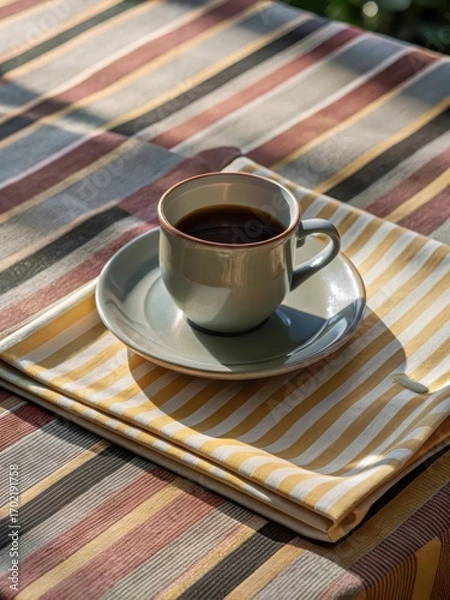 Fototapeta Yellow and white striped tablecloth with a cup of coffee and a book on it
