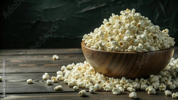 Fototapeta A mountain of fluffy popcorn kernels cascading down a wooden countertop