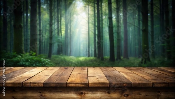 Fototapeta Woodland ambiance with empty wooden table on dark background