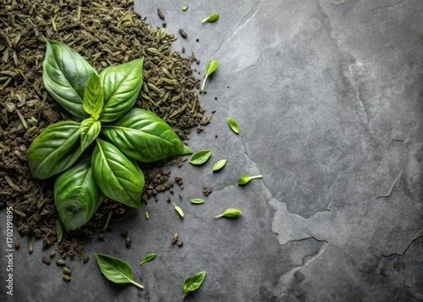 Fototapeta Fragrant green tea leaves and fresh basil leaves on a gray granite surface