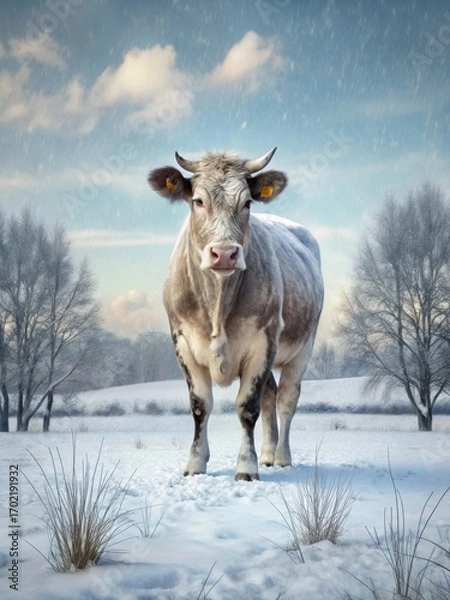 Fototapeta A speckled park cow stands alone in a snow-covered winter pasture with bare trees and frozen grass