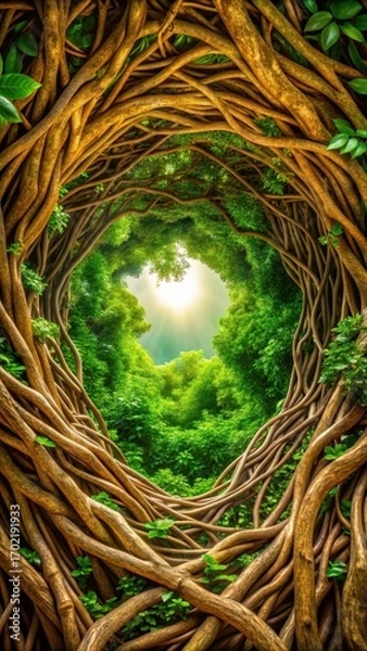 Fototapeta Dense foliage of twisted branches in a vibrant explosion of green and brown