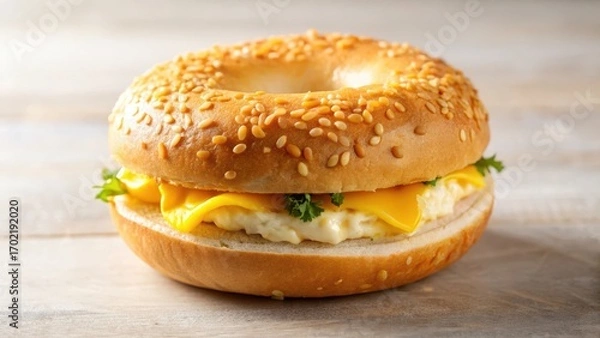 Fototapeta bagel with egg and cheese filling on a isolated background