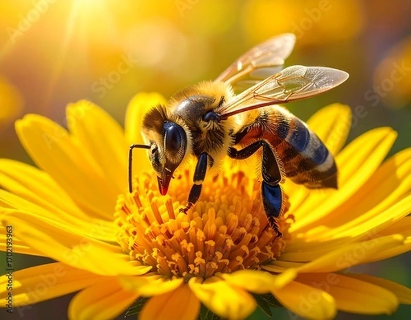 Fototapeta Detailed shot of a bee collecting nectar from a vibrant yellow flower