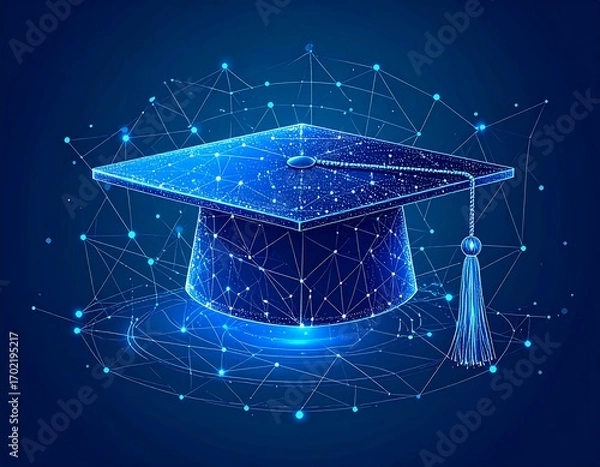 Fototapeta Digital graduation cap with interconnected network, symbolizing knowledge advancement