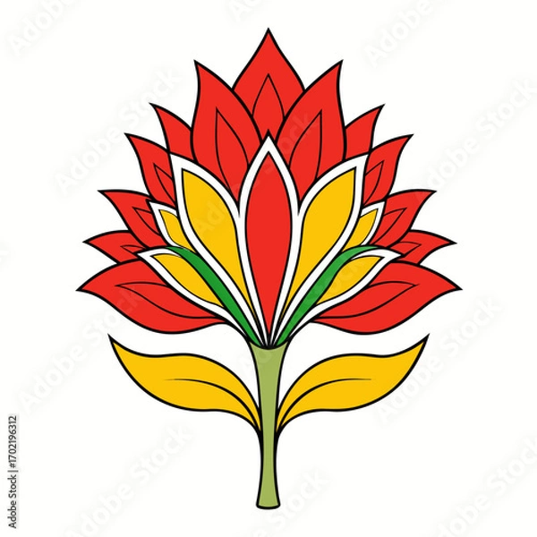 Fototapeta An abstract plant with red and yellow petals on a white background