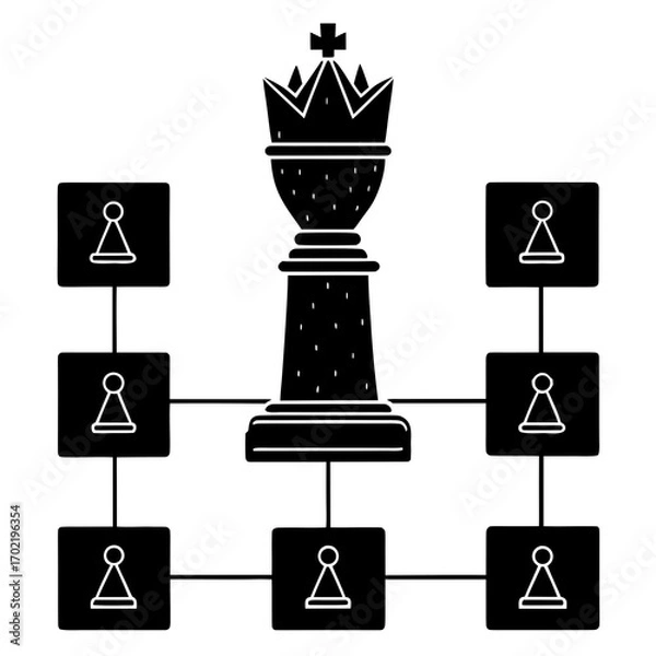 Fototapeta A strategic chess board with a golden king and flowchart elements on a white background