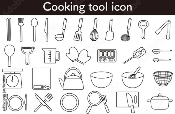 Obraz 料理道具アイコンセット｜包丁, フライパン, 鍋, やかん, ボウル, 泡立て器, スプーン, フォーク, 箸, 計量カップ, キッチンタイマー, 食器, 調理器具, クッキングツール, 台所用品