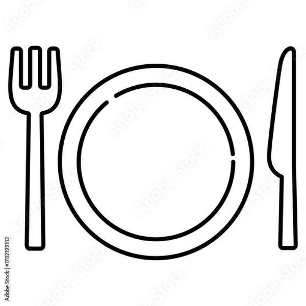 Fototapeta シンプルなお皿と横に添えられたナイフとフォークの線画イラスト